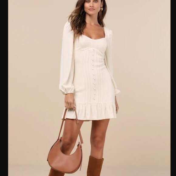 Lulus Dresses & Skirts - NWOT Lulus Coveted Sweetness Cream Pointelle Knit Long Sleeve Mini Dress Size L